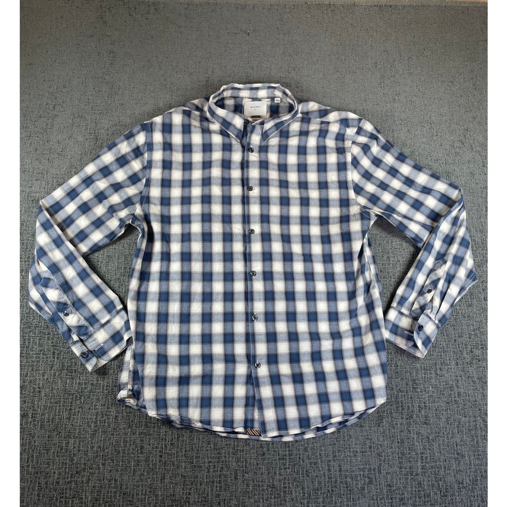Billy Reid Mens Large Standard Fit Plaid Button Down Shirt Blue White Check L/S